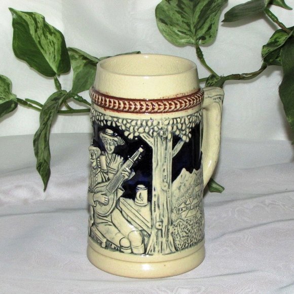 Stoneware Beer Stein Mug Musicians Tavern Scene Vintage Signed - Picture 1 of 9